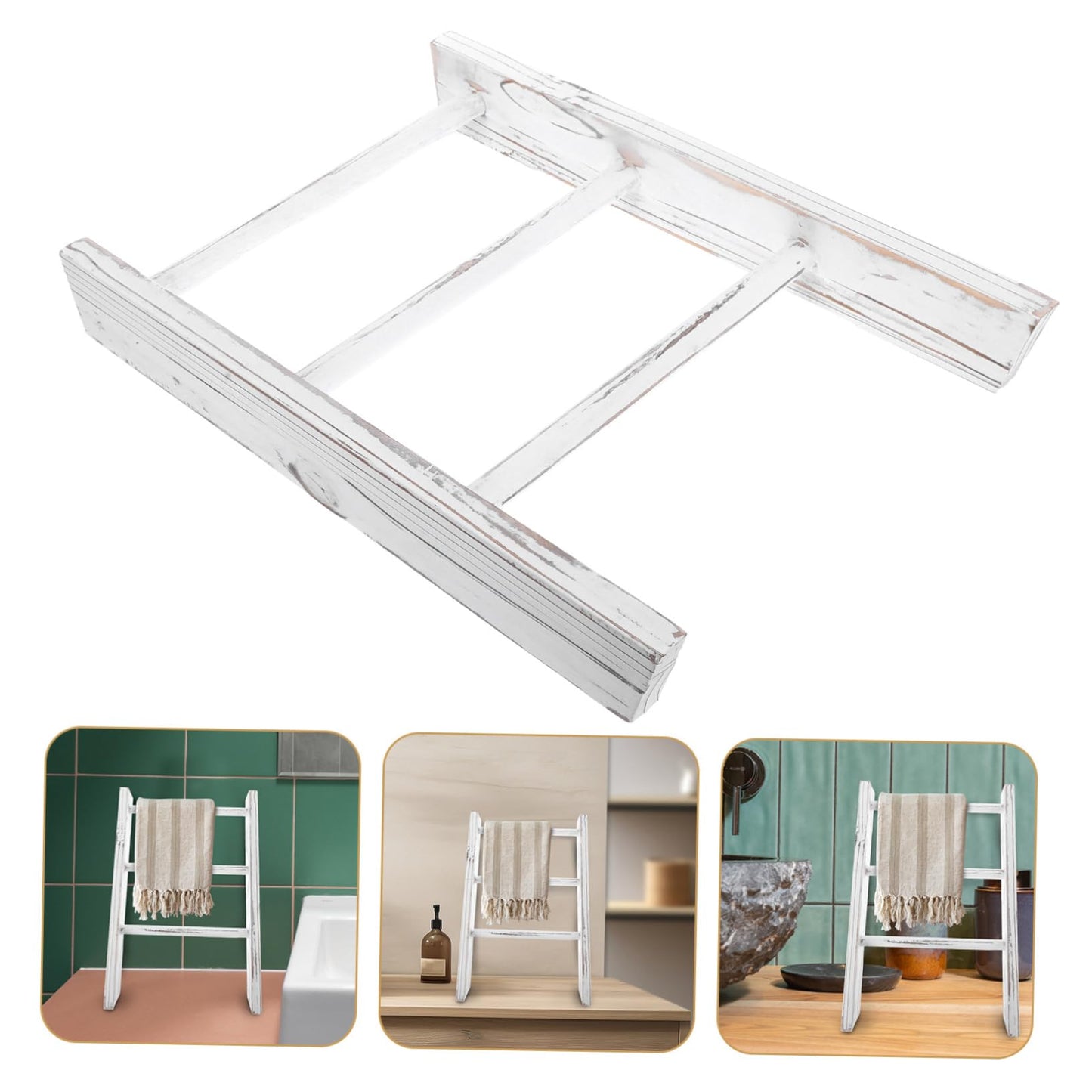 Luxshiny Miniature Small Ladder Decor Towel Rack Rustic Farmhouse Bathroom Hand Towel Holder Multipurpose Display Stand for Kitchen Counter and Bathroom Elegant White Finish