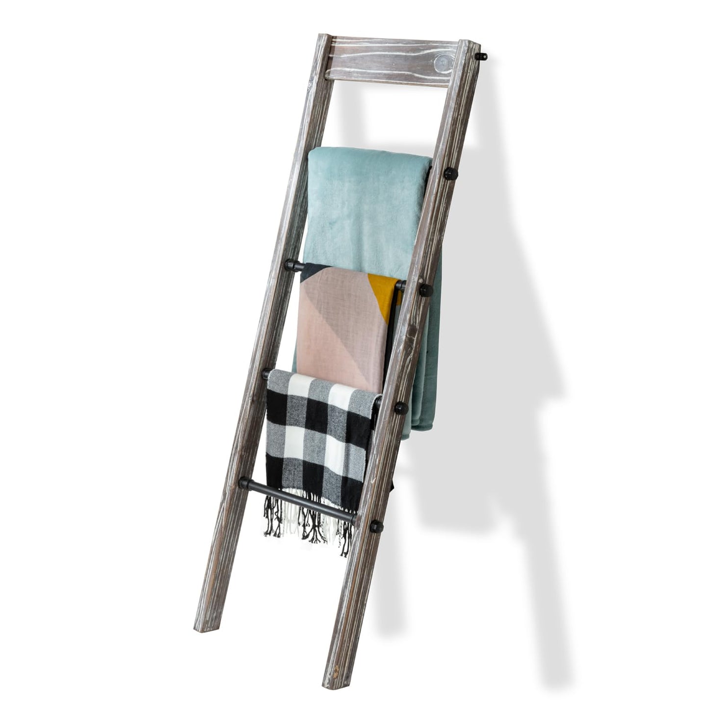 MyGift Blanket Ladder Wooden, Blanket Quilt Holder Rack Decorative Ladder with Metal Pipe Rungs, Easy Assembly, Rustic Farmhouse Ladder Shelf for The Living Room Bedroom Bathroom