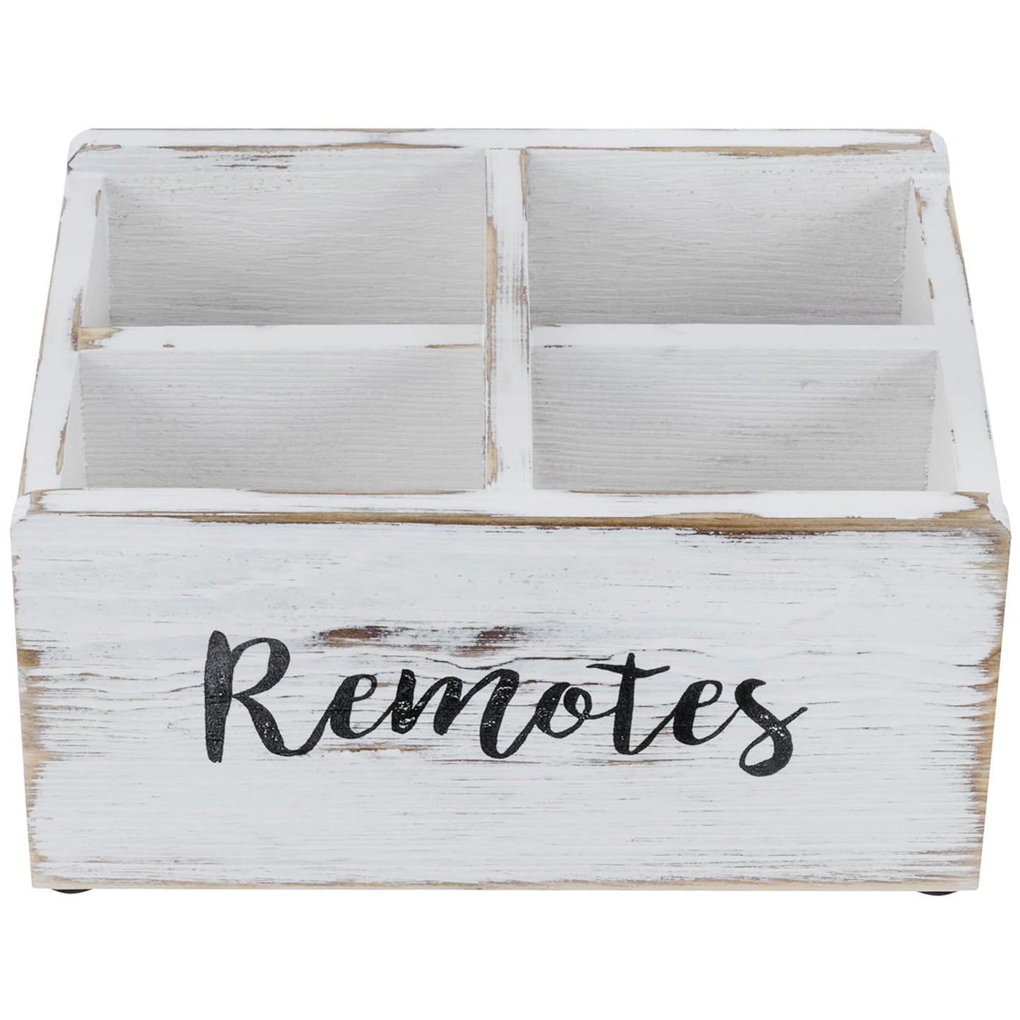 MyGift Wood Remote Control Holder Organizer with 4 Compartments, Media Remote Caddy Storage with Cursive REMOTES Design, Whitewashed