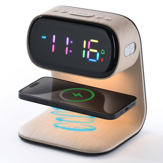 WILIT Digital Alarm Clock with Wireless Charging for Bedroom,Colorful LED Display,Dimmable Night Light with Snooze Function,Modern Bedsides Lamp Clock for Bedroom,Kids,Teens,Gift for Men, Women(Wood)