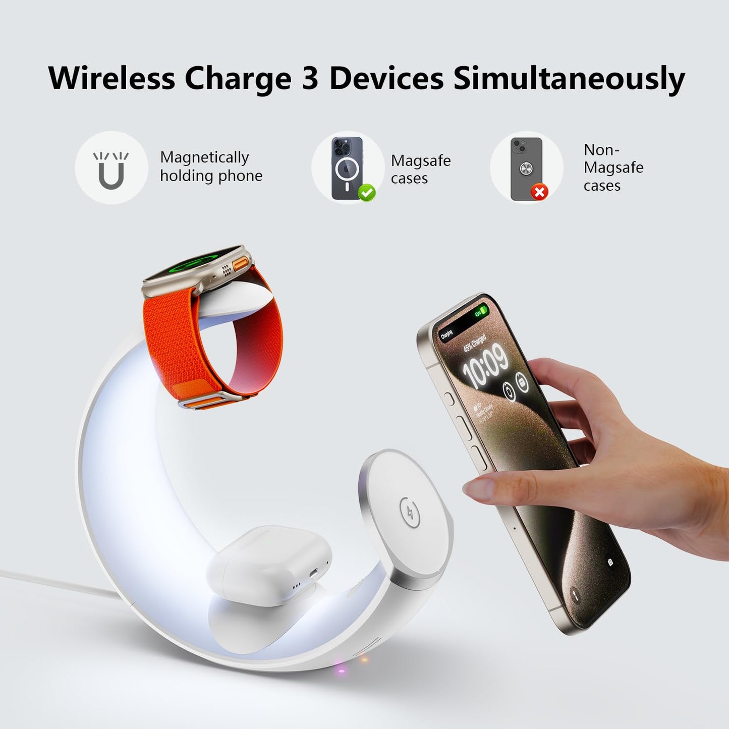 4-in-1 Wireless Charger Station with RGB Night Light, Compatible with iPhone, Apple Watch, and AirPods, Moon Shape Desktop Stand