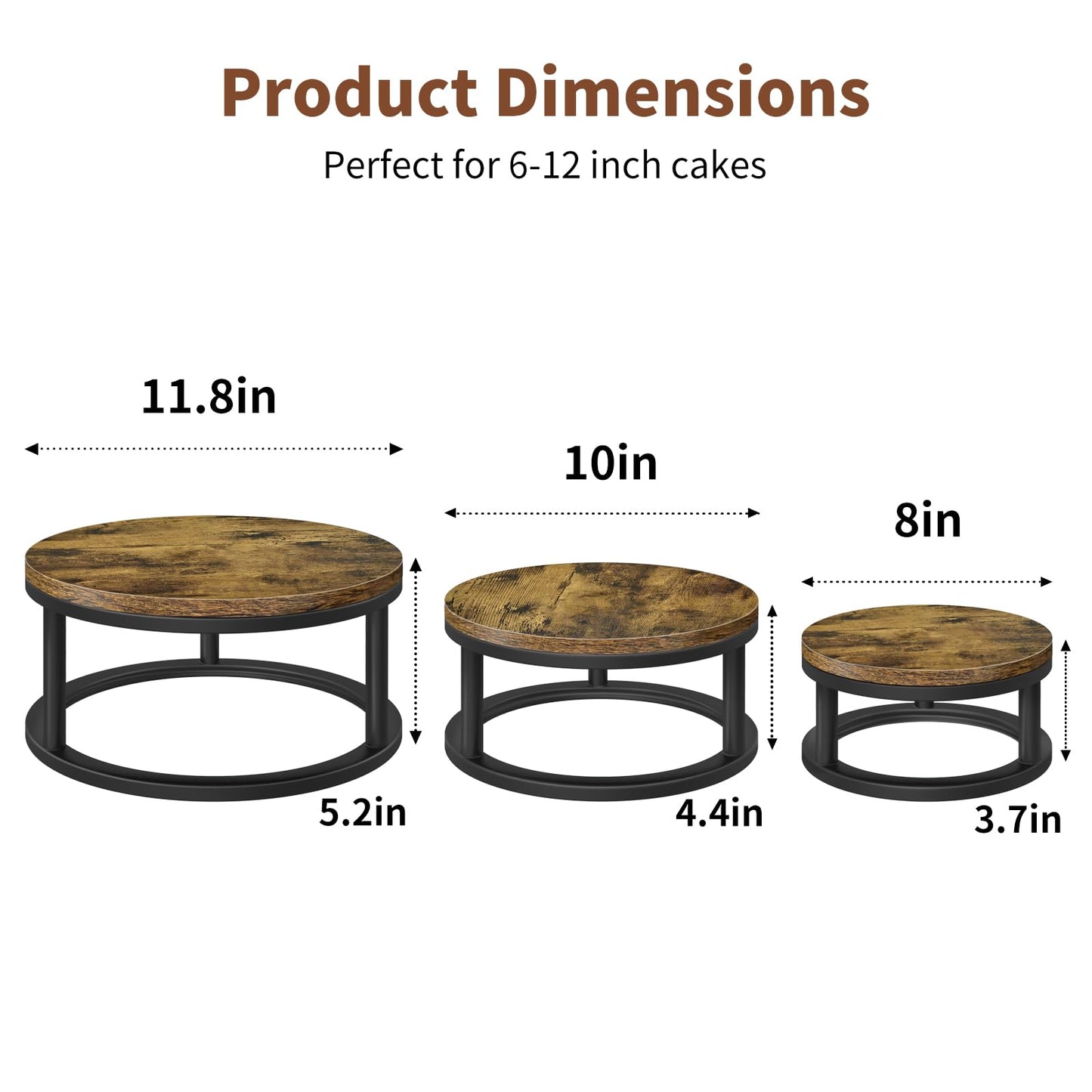 Cake Stand Set, 3 Packs Round Cupcake Stand Cake Pedestal Stand (8"/10"/12" Plate) Industrial Rustic Wood Rustic Dessert Table Display Stand Set Serving Tray for Party, Wedding, Birthday, Baby Shower
