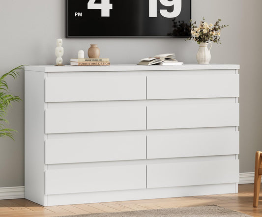 Jocoevol Modern White 8 Drawer Dresser for Bedroom, 15.3" D x 55.2" W x 32.3" H Simply Chest of Drawers, Wood Storage Dresser with Deep Drawers for Living Room Hallway Entryway, White