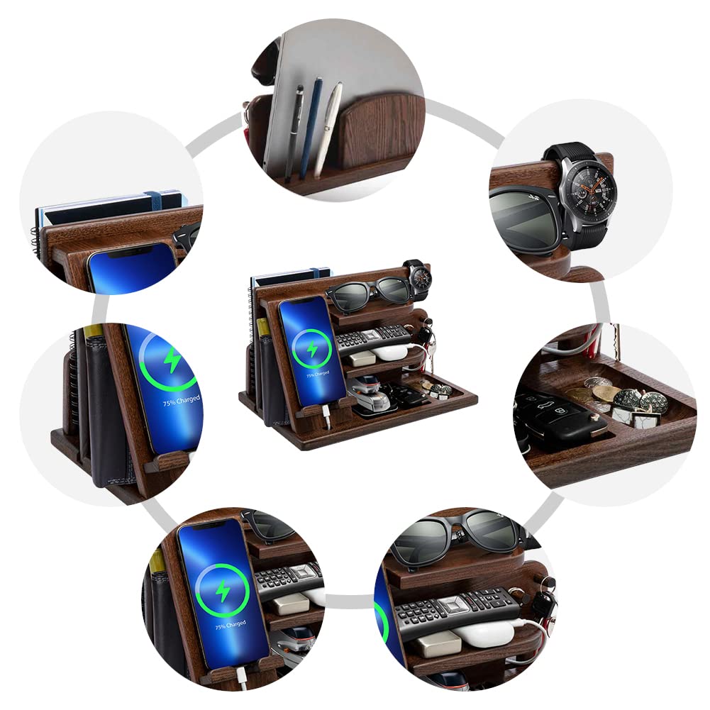 Gifts for Men Christmas, Wood Phone Docking Station, Mens Gifts for Birthday or Gifts for Dad Fathers Day, Desk Workspace Organizer Nightstand Organizer Key for Wallet & Watch Holder Husband Christmas