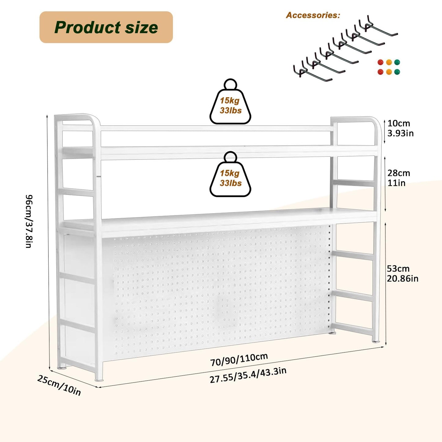 ZWCQSYS 2-Tier Desktop Bookshelf Hutch - Metal Desk Shelf Bookcase with Desk Pegboard Countertop Storage Organizer Rack for Dorm or Office (B, 70cm/27.5in)