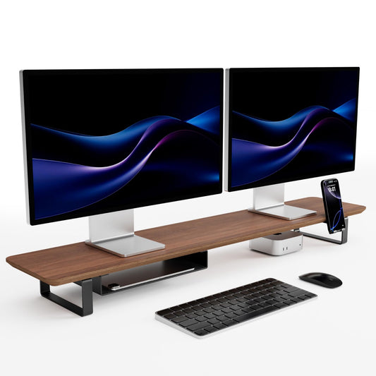 muso wood Dual Monitor Stand with Storage Shelf, 45 Inch Wooden Monitor Riser for 2 Monitors, Walnut Desk Shelf for Computer, Laptop, Screen, TV, Printer