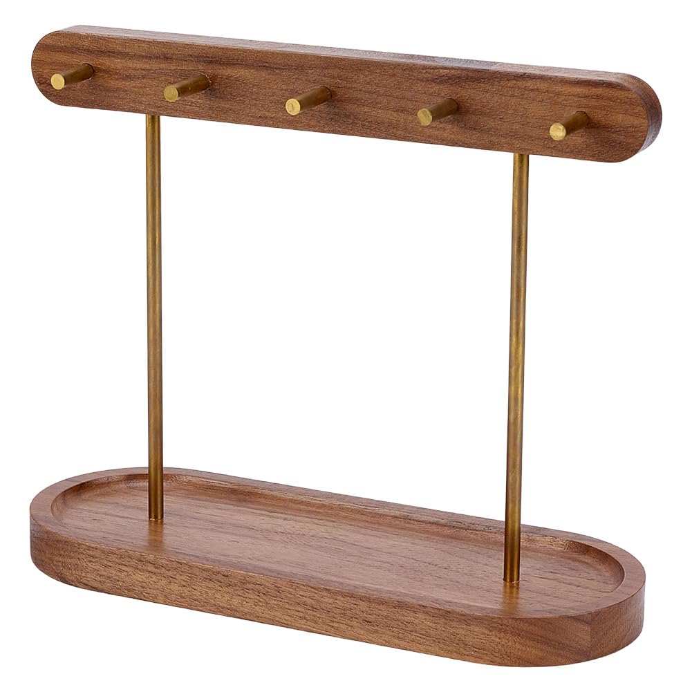 ORIGACH Walnut Key Stand for Entryway Table, Wooden Key Holder with 4 Brass Hooks, Jewelry Trays Perfect Bowl, Valet, Key Tray, Ring Holder, Jewelry Dish