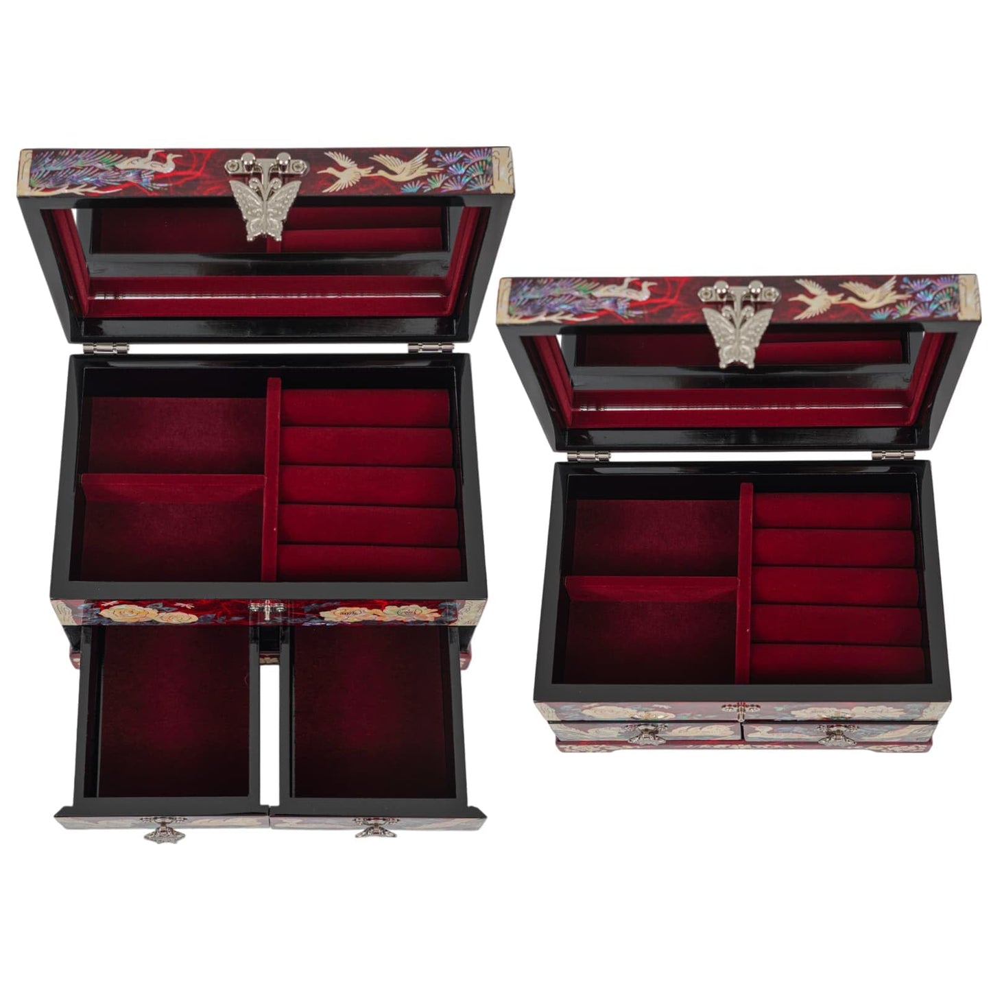 February Mountain Korean Mother of Pearl Jewelry Box – 2-Drawer Keepsake Box with Mirror, Traditional Oriental Trinket Organizer – Gift for Women, Mom, Wife, Anniversary (Crane and Pine tree - Red)
