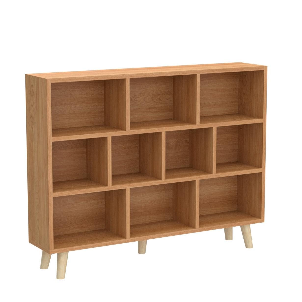 IOTXY Wooden Open Shelf Bookcase - 3-Tier Floor Standing Display Cabinet Rack with Legs, 10 Cubes Bookshelf, Pear Yellow