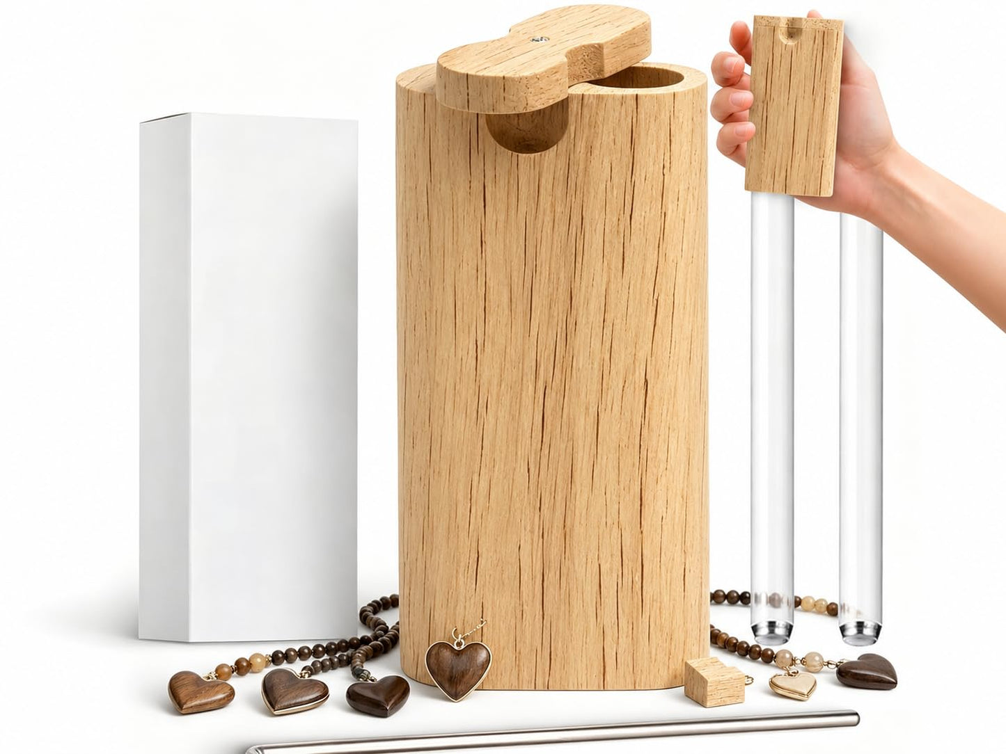 Natural Wooden Decorative Storage Box with 2 Metal Tubes, Sliding Lid Handmade Keepsake Box, Multi-Purpose Desktop Organizer & DIY Crafts, Jewelry, Stationery, Small Accessories (Pearl White)