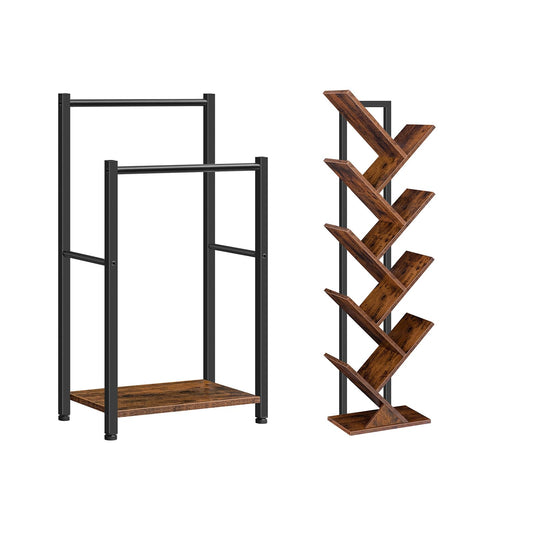 HOOBRO Free Standing Towel Rack and Tree Bookshelf Bundle, Drying and Display Rack with Shelf, loor Standing Storage Rack, for Display of CDs, BF02LB01-BF08SJ01G1