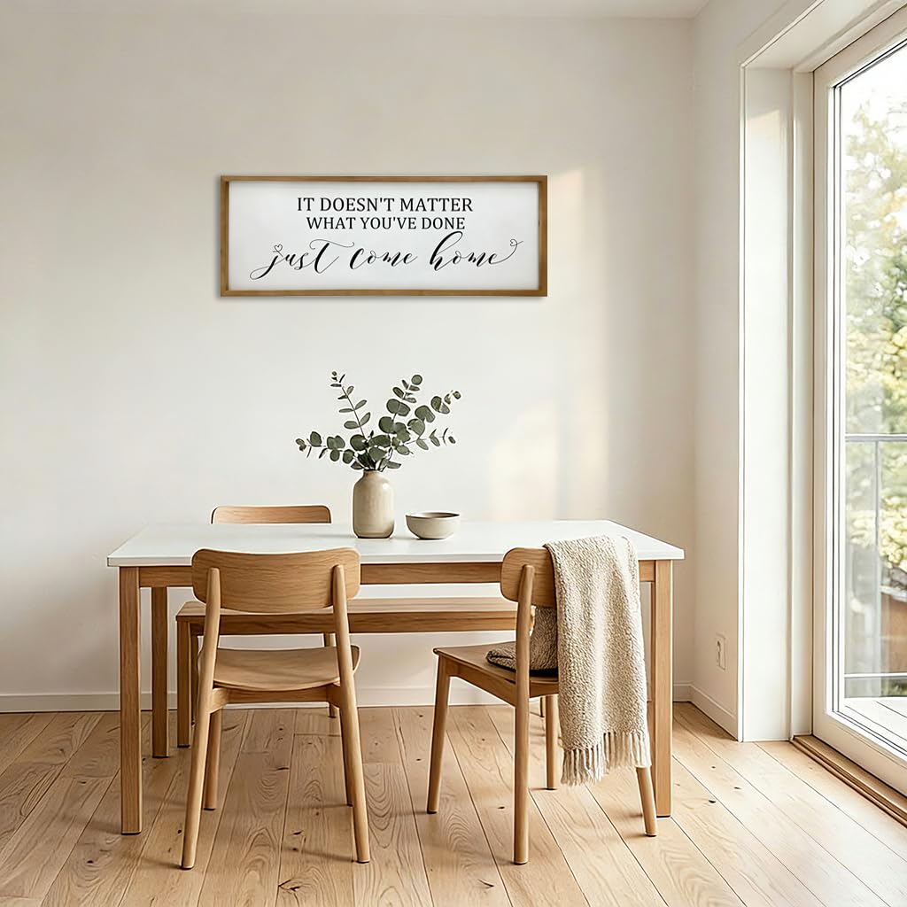 Sign Wall Decor Inspirational Quotes Wood Framed Kitchen Home Simple Hanging Wall Ar Decor Above Front Door Entryway, Family Love - 32'X12' (Just Come Home)