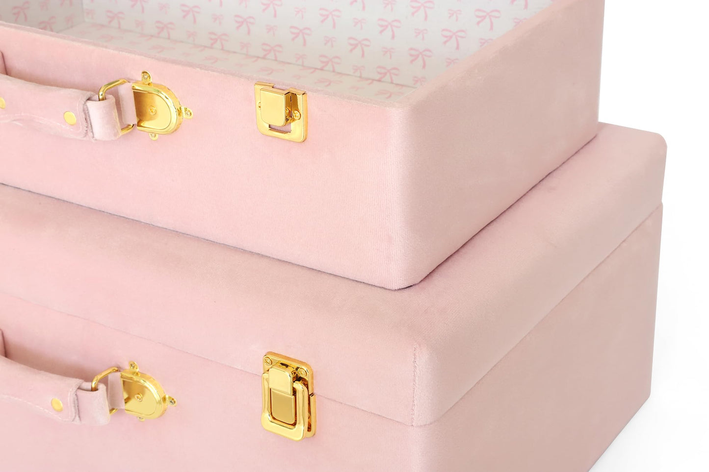 HofferRuffer Velvet Storage Trunks with Wood Frame, Set of 2 Storage Chests with Handles, Bedroom Organizer Nesting Upholstered Decorative Boxes Hinged Lid with Gold Hardware Accents (Pink Trunks)