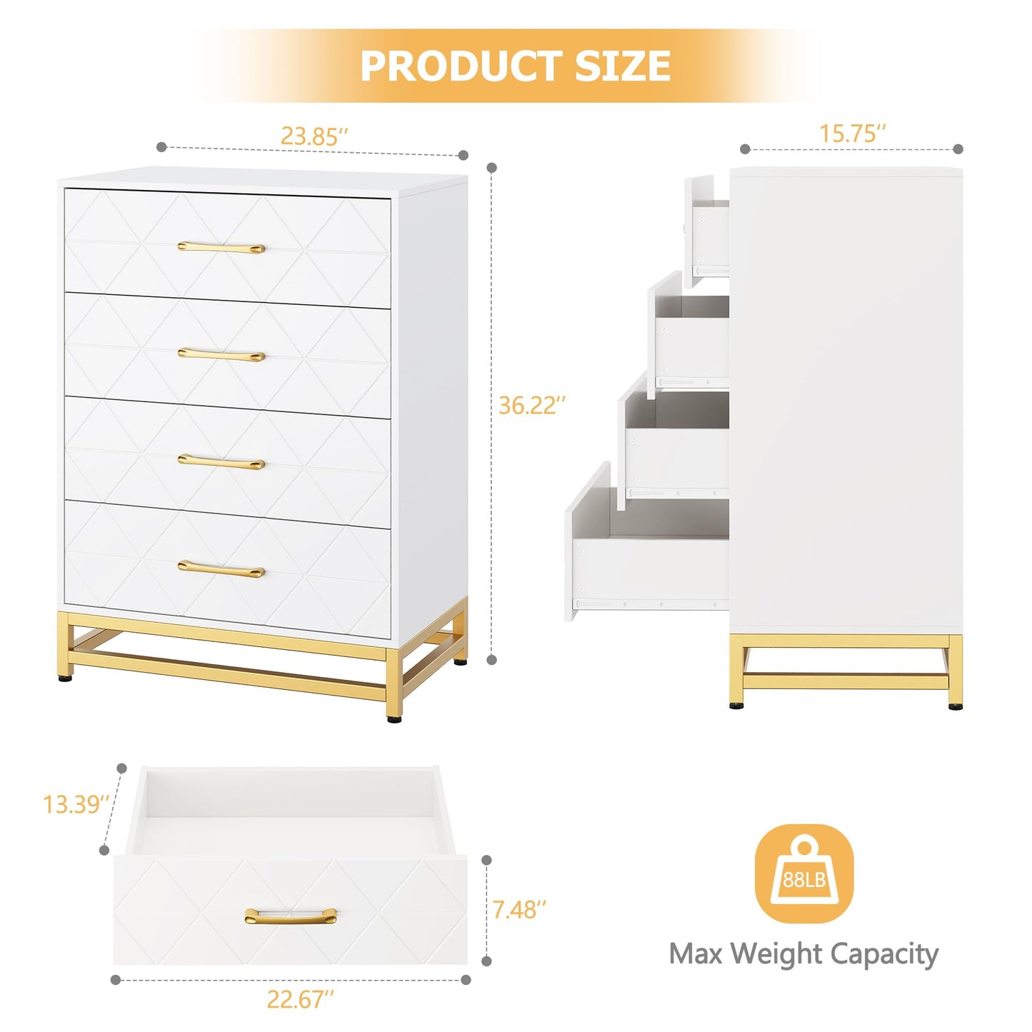 GarveeHome Wooden Dresser for Bedroom, Dressers & Chest of Drawers with 4 Drawer, Wood nightstand for Storage and Organization (White)