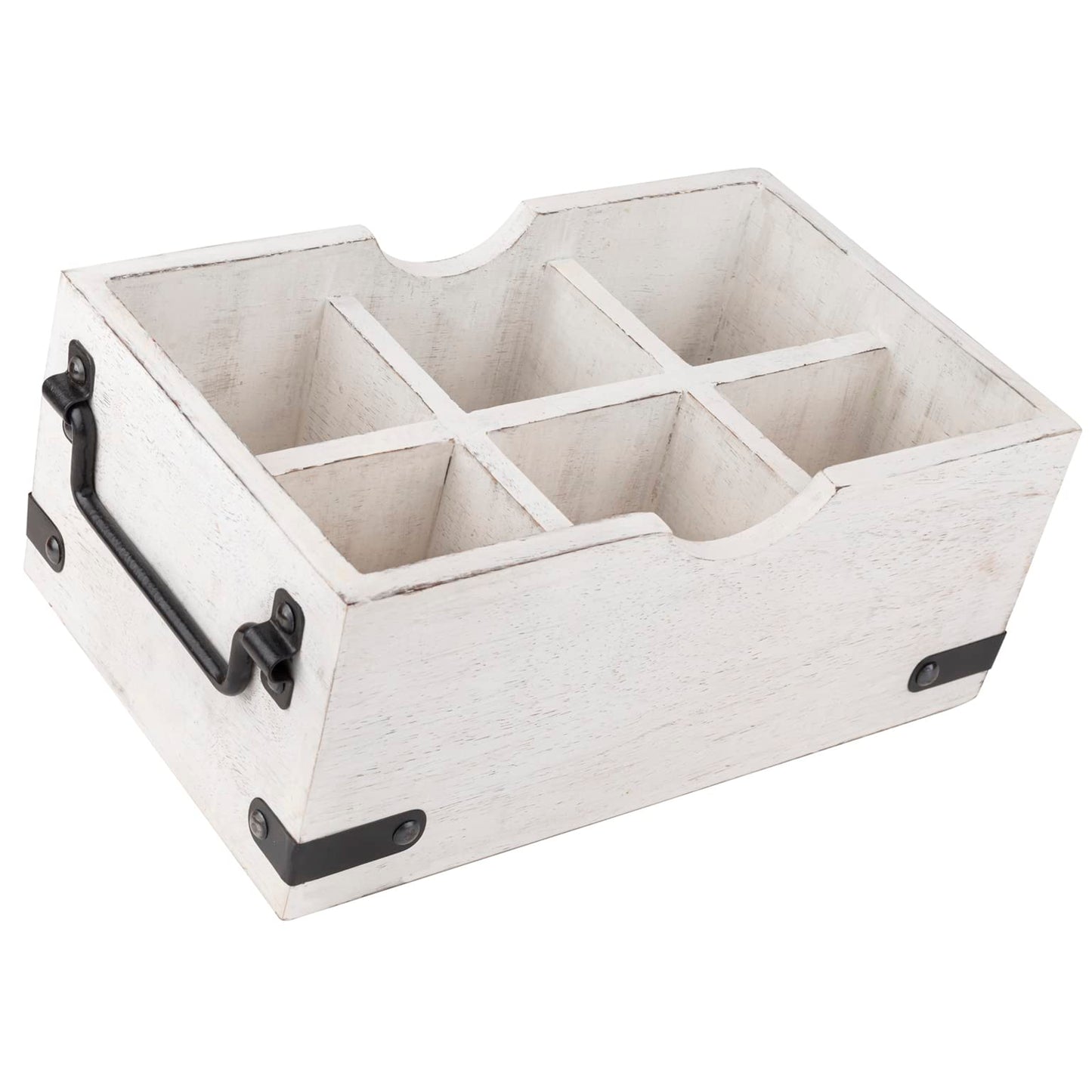 GoCraft 6-Compartment Wooden Flatware Caddy – Versatile Organizer for Kitchen Utensils, Silverware, Condiments, Craft Supplies, Makeup Brushes – Whitewashed Mango Wood with Sturdy Metal Handles