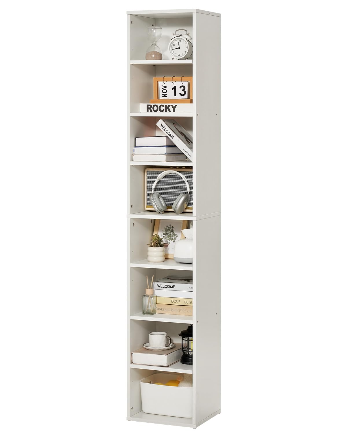 VEVOR 8 Tiers Narrow Bookshelf, 71 in Wooden Tall Open Bookcase with Height-Adjustable Shelf, Freestanding Display Storage Floor Bookcase Bookshelf for Library, Bedroom, Living Room, Office, White