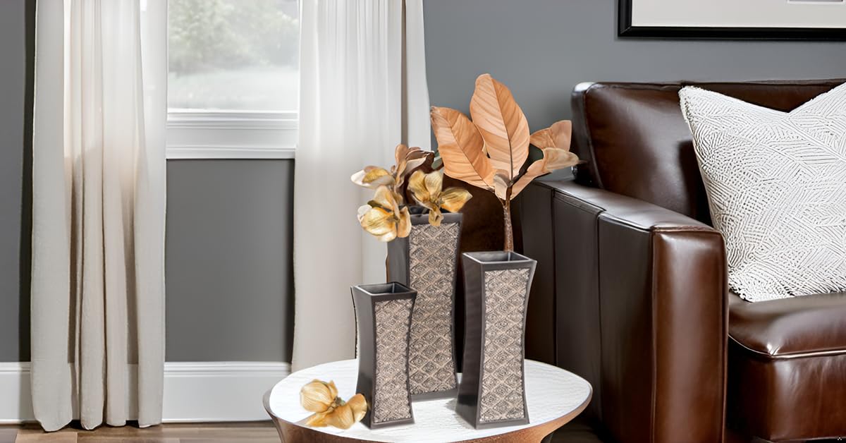 Creative Scents Dublin Brown Vases for Decor Centerpieces - Set of 3 Flower Vases Ideal Home Decor, Dining and Living Room Table Centerpiece, Table Decor, Bookshelf, Mantle and Entryway, Gift Boxed