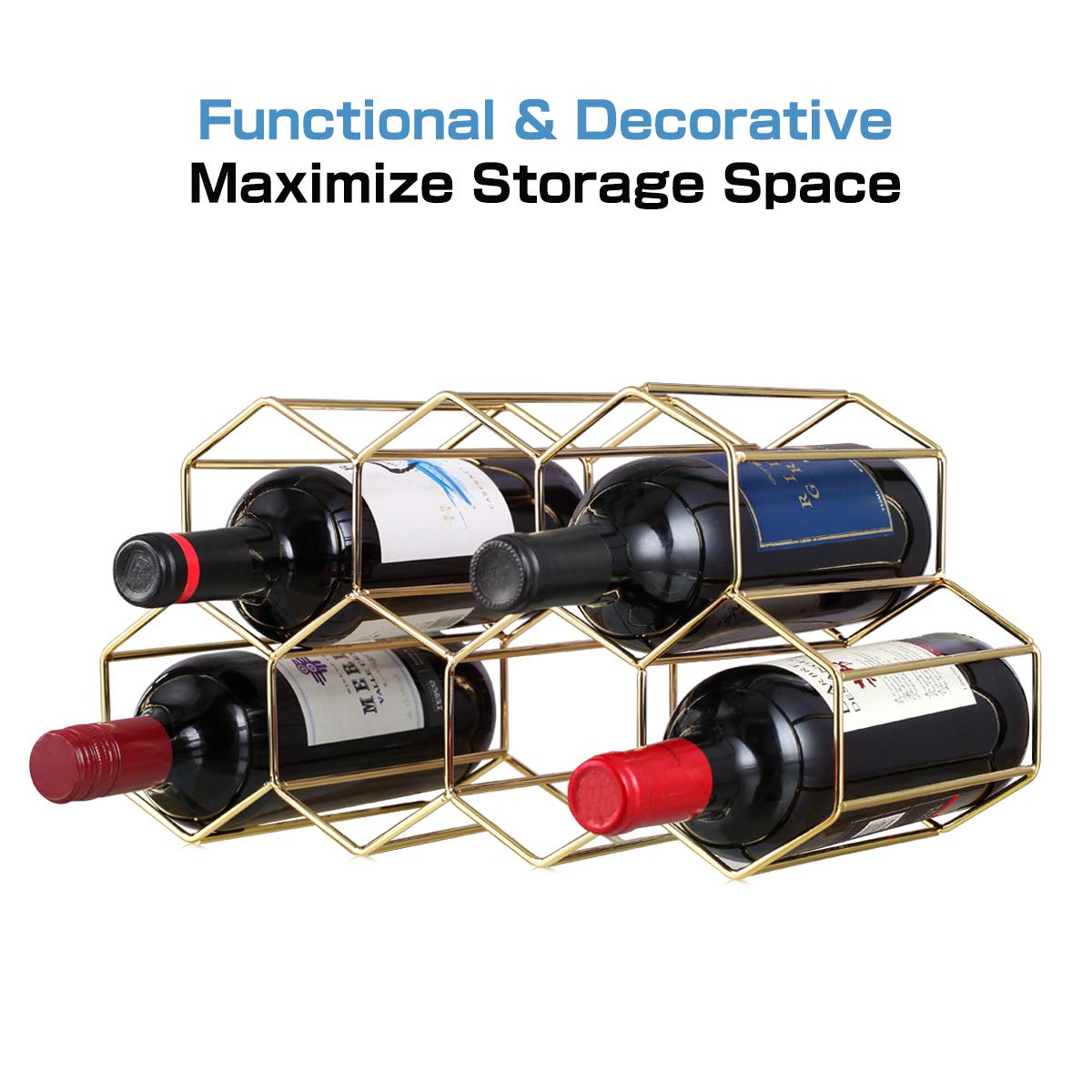 Buruis 9-Bottle Countertop Wine Rack, Honeycomb Metal Wine Holder for Red & White Wines, Standing Bottle Organizer for Home, Kitchen, or Bar, Gold