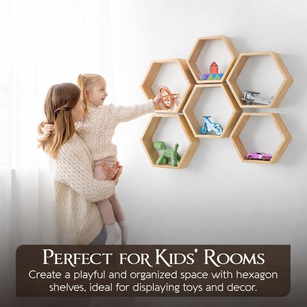 Decovate Hexagon Floating Shelves Set of 6 Honeycomb Shelves for Wall, Wooden Hexagon Shelves for Farmhouse Storage. (Natural Wood)