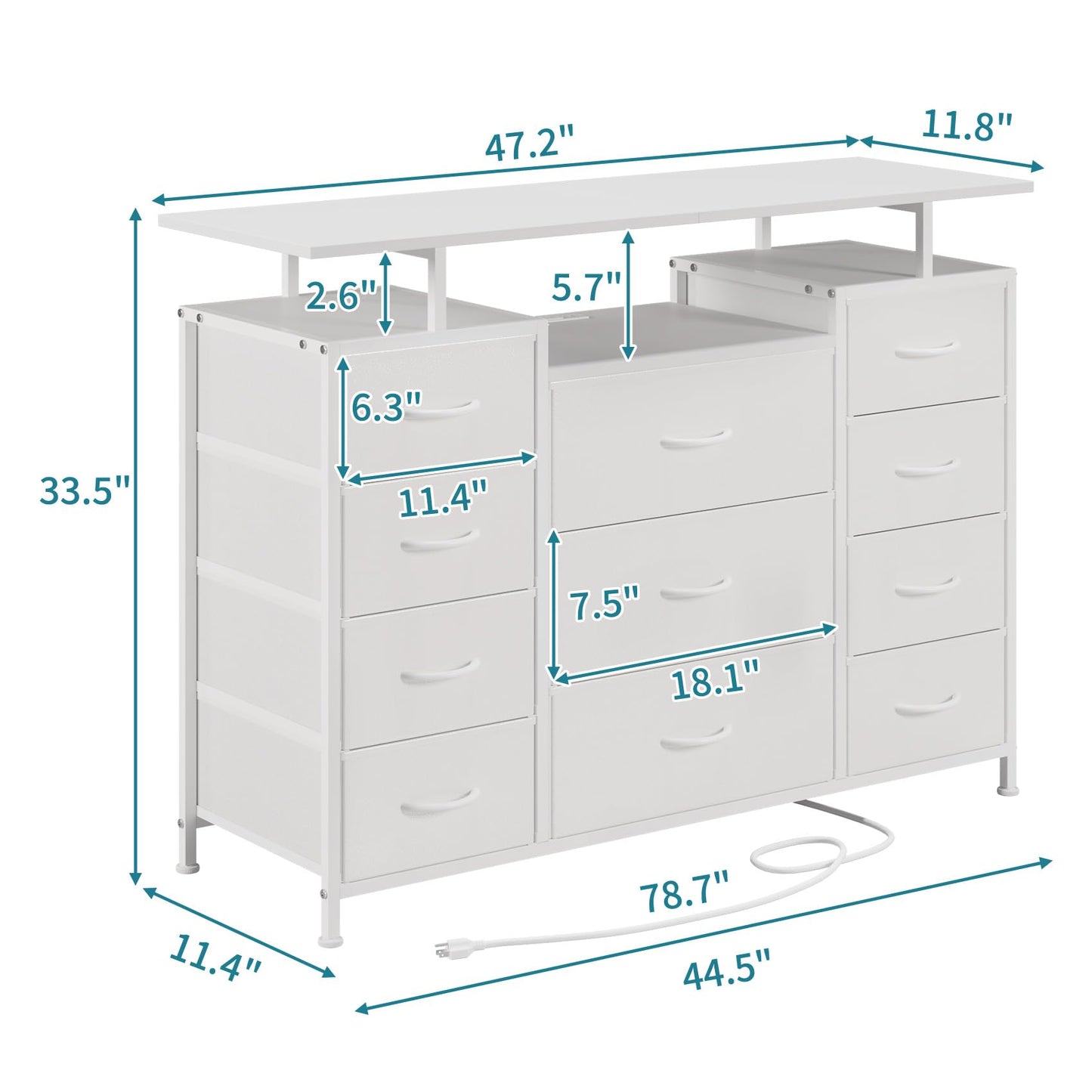 LUMTOK 11 Drawers Dresser with Fabric Drawers,Charging Station, LED Lights and Shelves for Bedroom Storage Organization