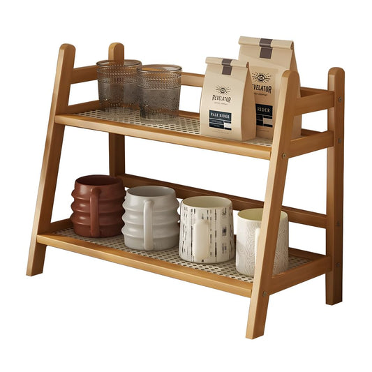 Hggzeg Wicker-Look Coffee Station Organizer, Double Layer Desk Organizers, Bamboo Home Coffee Mug Display Rack, Countertop Shelf, for Dormitory, Kitchen, Office (Original Wooden Color)