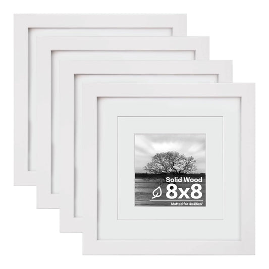 Egofine 8x8 Picture Frames 4 PCS,Solid Wood frame Fits 4x4/6x6 with Mat or 8x8 Without Photo Frame Covered by Plexiglass,for Wall Hanging and Tabletop,Wooden Square Picture Frame,White