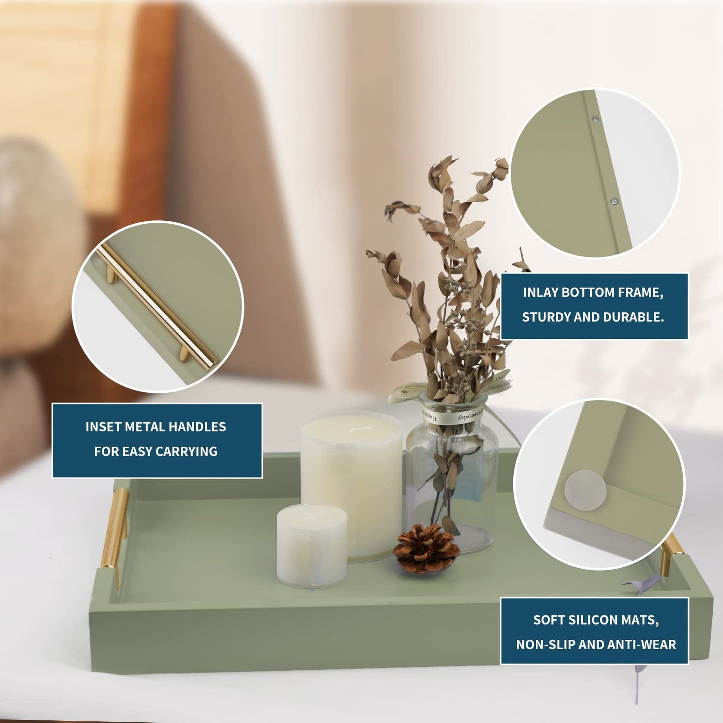 NELONY Wooden Decorative Coffee Table Tray, 16" Serving With Handles, Matte Finish, Ottoman for Living Room, Perfume, Vanity Dresser Organizer (Olive Green)
