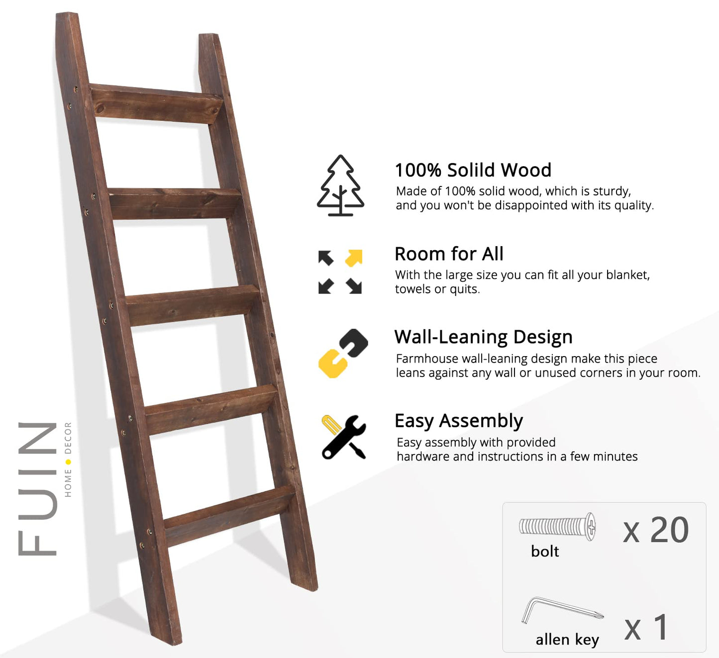 FUIN 5ft (58") Wood Blanket Ladder Living Room Decorative Wall Leaning Farmhouse Quilt Display Holder Rustic Wooden Towel Rack for Bathroom, Brown