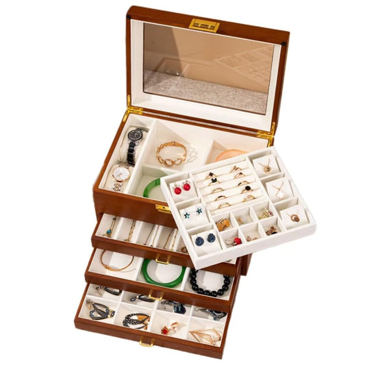 Bescott 5 Layer Solid Wooden Jewelry Box with Lock and Key for Women Men Vintage Velvet Wood Jewelry Organizer Storage for Earrings Rings Necklaces Bracelet Watch Mother’s Day Gift