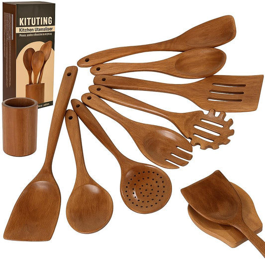KITUTING Wooden Spoons for Cooking Set of 10 - Cooking Utensils with Spoon Rest & Holder – Comfortable Grip & Easy to Clean - Wooden Spoon Set for Kitchen with four Hanging Hooks