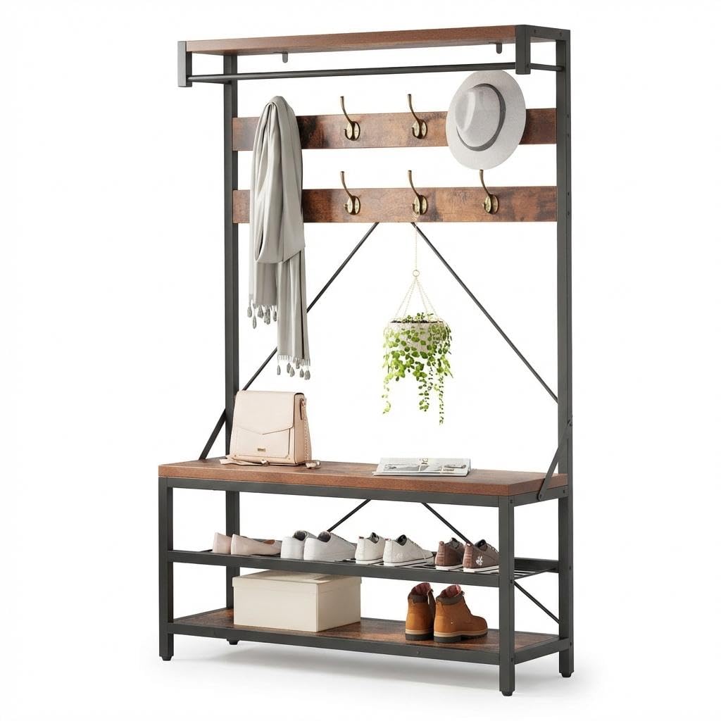 Tedyle 72" Industrial Hall Tree Entryway Bench, Wooden Coat Rack Shoe Bench with Shoe Rack & Storage Shelf, 8 Hooks & Hanging Bar, Entryway Organizer for Foyer, Mudroom, Rustic Brown