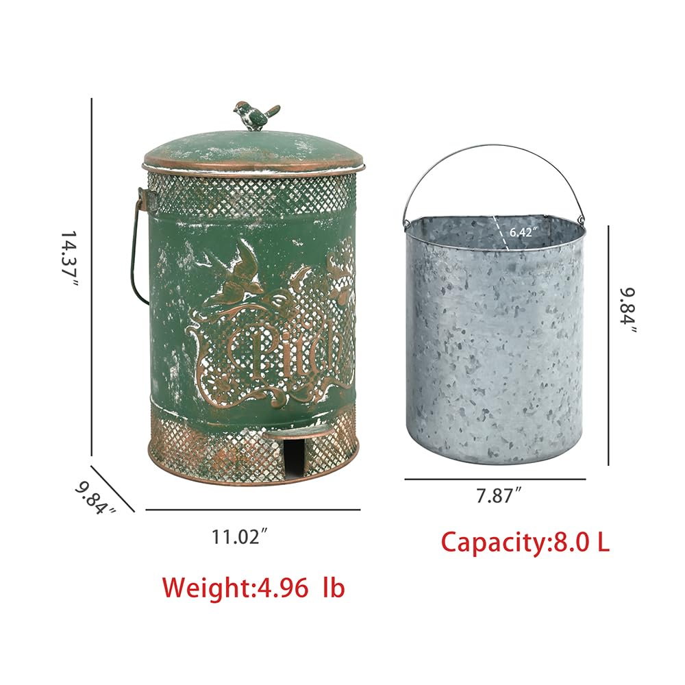 Chadechimo Farmhouse Garbage Can with Lid Indoor Outdoor Trash Can with Embossed Bird and Flowers PatternMetal Retro Kitchen Trash Can with Lid for Kitchen Room and Garden Decor (Green)