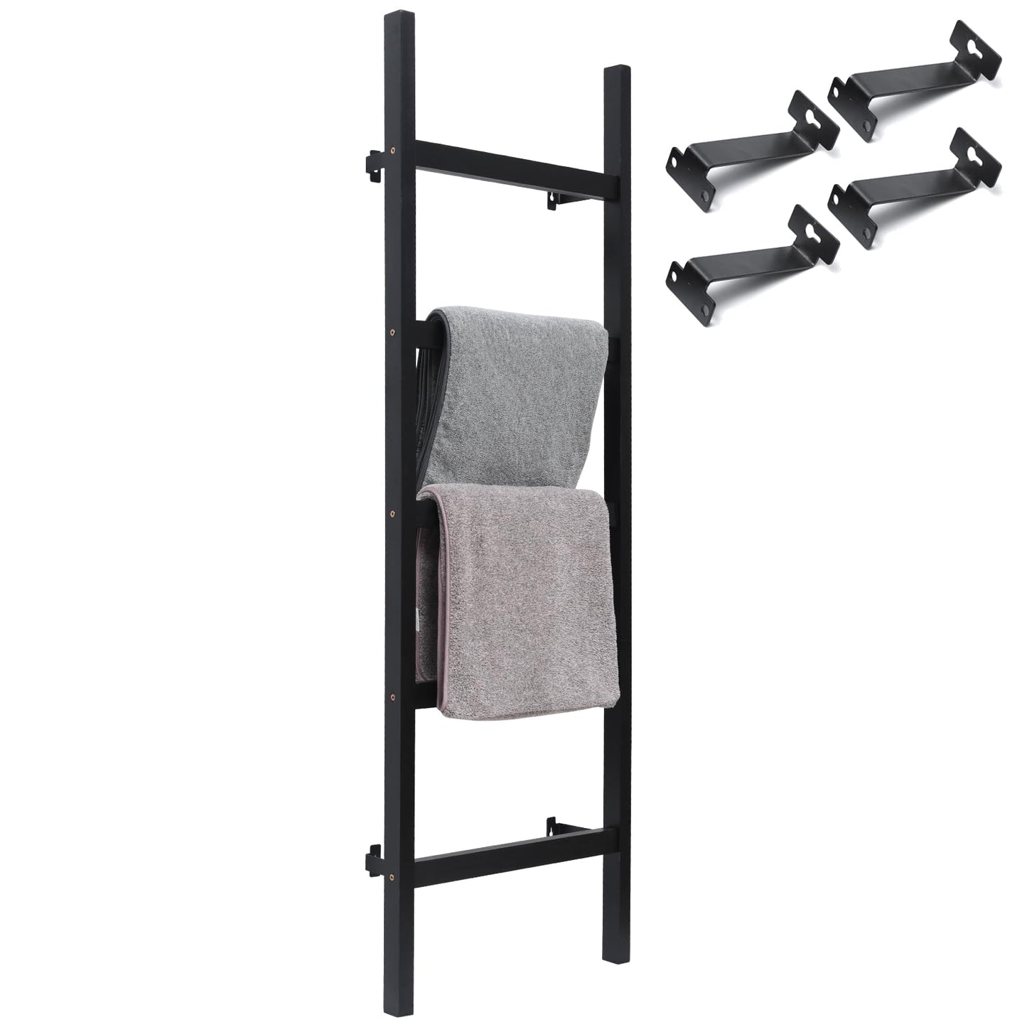 FUIN 57in Wall Mounted Wooden Blanket Ladder Living Room Decorative Farmhouse Quilt Display Holder Rustic Wood Towel Rack for Bathroom, Black