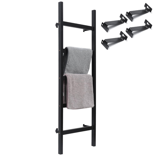 FUIN 57in Wall Mounted Wooden Blanket Ladder Living Room Decorative Farmhouse Quilt Display Holder Rustic Wood Towel Rack for Bathroom, Black
