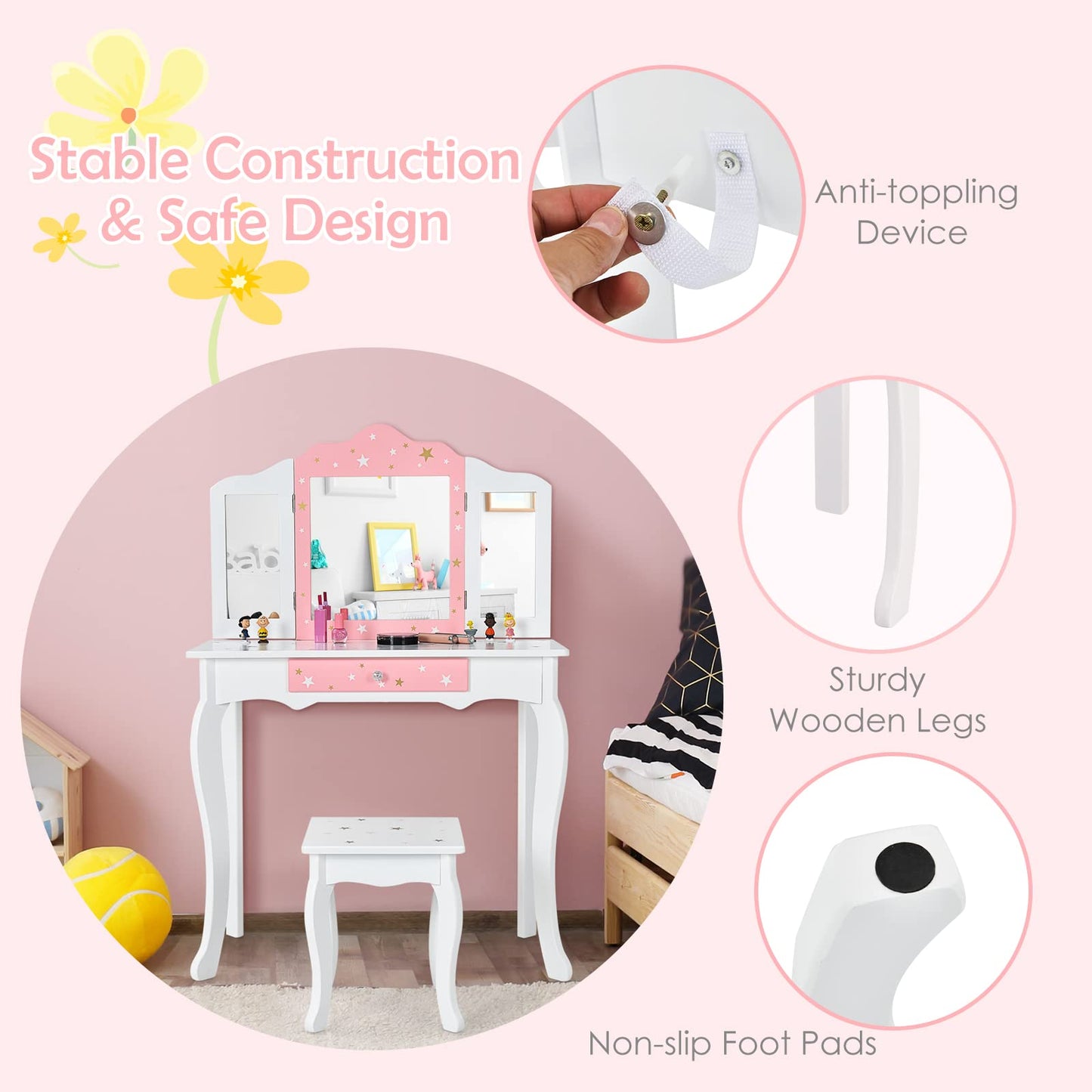 HONEY JOY Kids Vanity, Wooden Princess Makeup Dressing Table with Stool & Drawer, Tri-Folding Mirror, Detachable Top, Toddler Pretend Play Vanity Set for Little Girls (White)