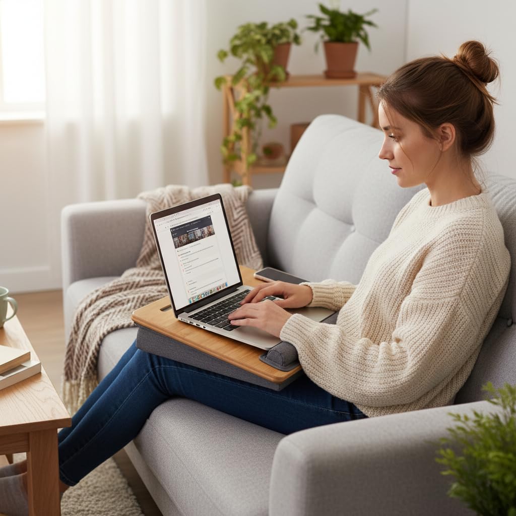 SANJIMO Lap Desk for Laptop with Cushion, Bamboo Laptop Stand with Anti-Slip Strip Tablet Phone Holder, Fits up to 15.6 inch Portable Computer Lap Desk for Couch, Bed & Car