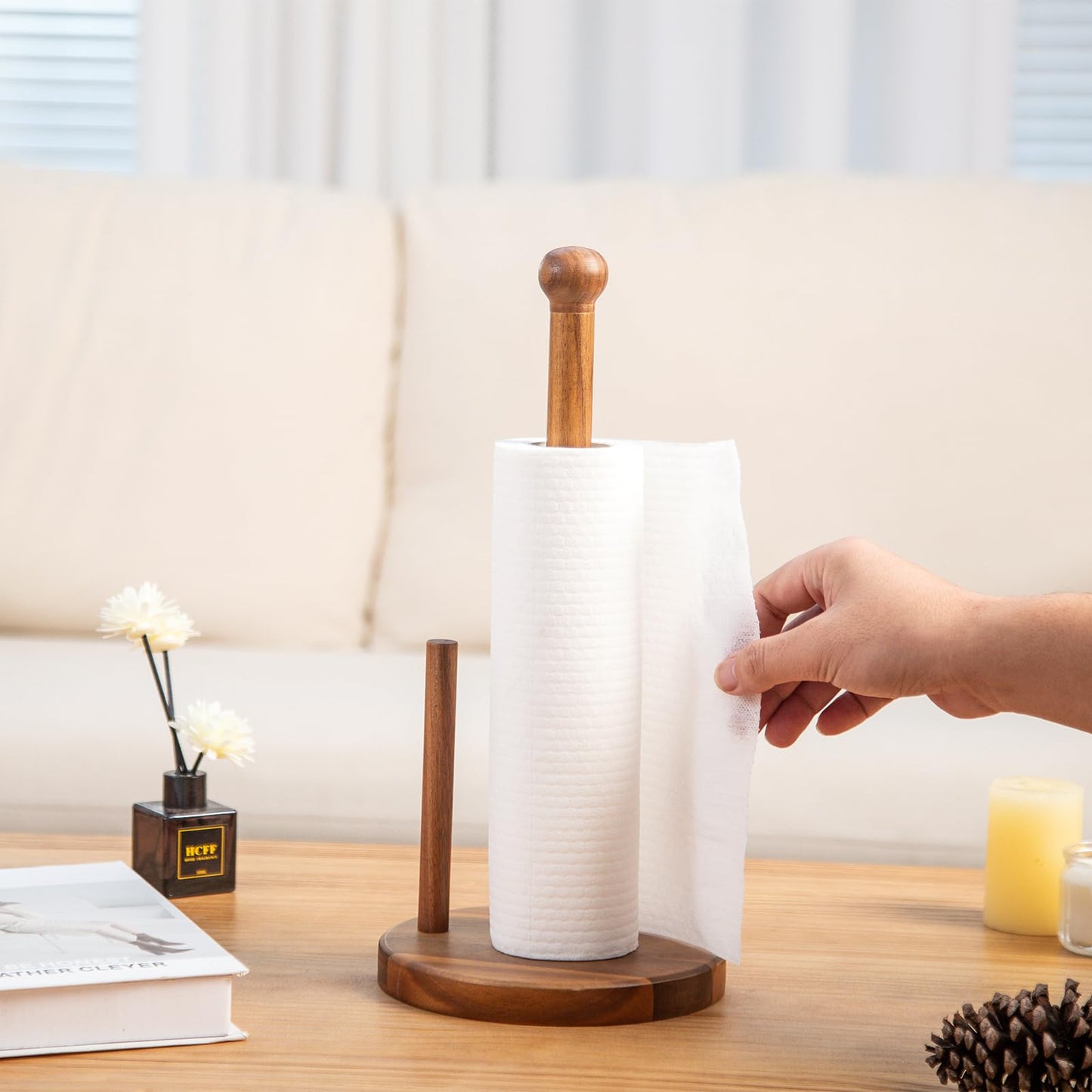 MornHalo 14.3" Acacia Wooden Paper Towel Holder, 6.7" Large Heavy Base Wooden Kitchen Roll Stand Organizer Free Standing, Rustic Farmhouse Paper Towel Holder Stand, Standing Paper Towel Roll Holders