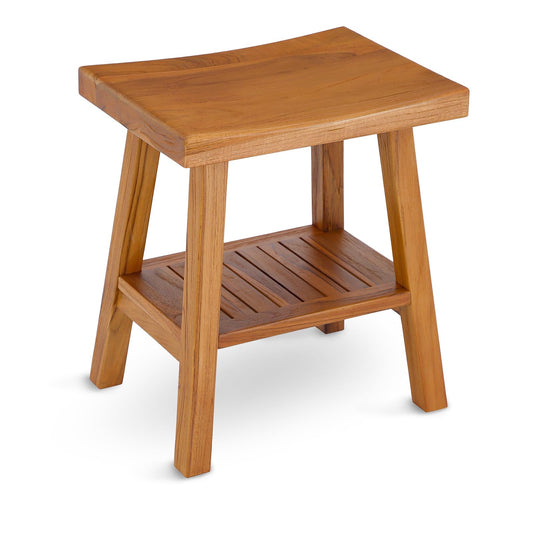 StrongTek Teak Shower Stool with Storage Shelf, 18-Inch Pre-Oiled Teak Wood Bath Seat Bench, Ergonomic Curved Seat, Easy Assembly, Water-Resistant, 350 lbs Capacity, Ideal for Bathroom, Spa & Home Use