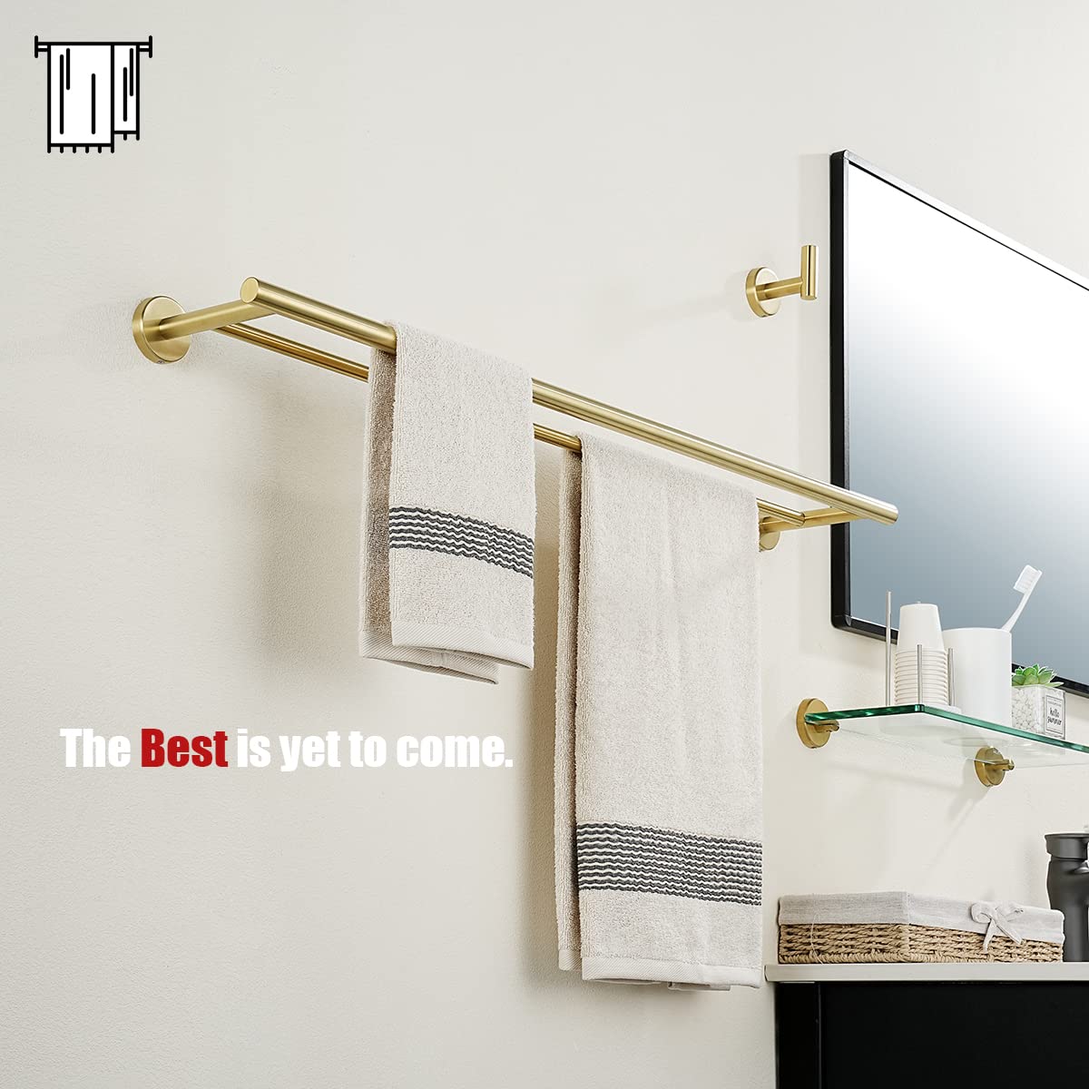 JQK Double Bath Towel Bar, Brushed Gold 33 Inch 304 Stainless Steel Thicken 0.8mm Towel Rack for Bathroom, Towel Holder Wall Mount, Useable Length 30 Inch, TB100L30-BG
