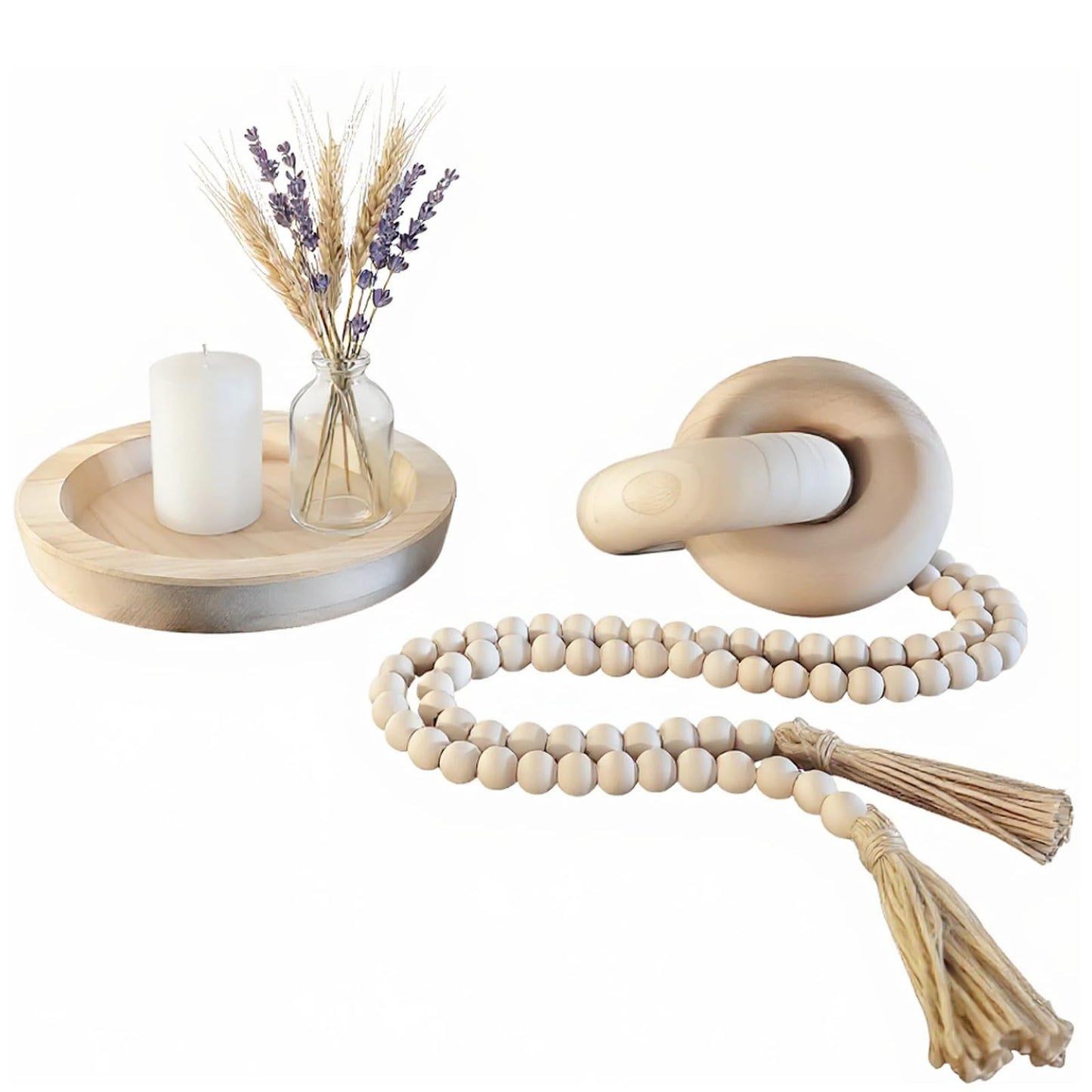 3 PCS Farmhouse Coffee Table Decor - Wooden Tray, Wood Knot Decor & Wood Bead Garland with Tassels, Ideal Tray Decor Items, Coffee Table, or Shelf Displays for Living Rooms, Bedrooms, or Entryways