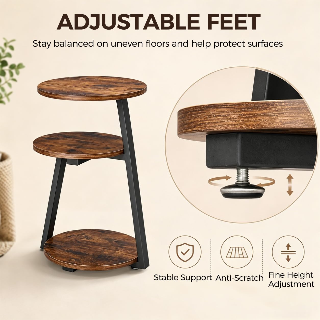BEWISHOME Round Side Table, 3-Tier End Table, Nightstand with Metal Frame, Vintage Accent Table for Small Spaces with Storage Shelf, Living Room, Bedroom, Brown, 15.35"L x 13.78"W x 23.62"H, KTZ41Z