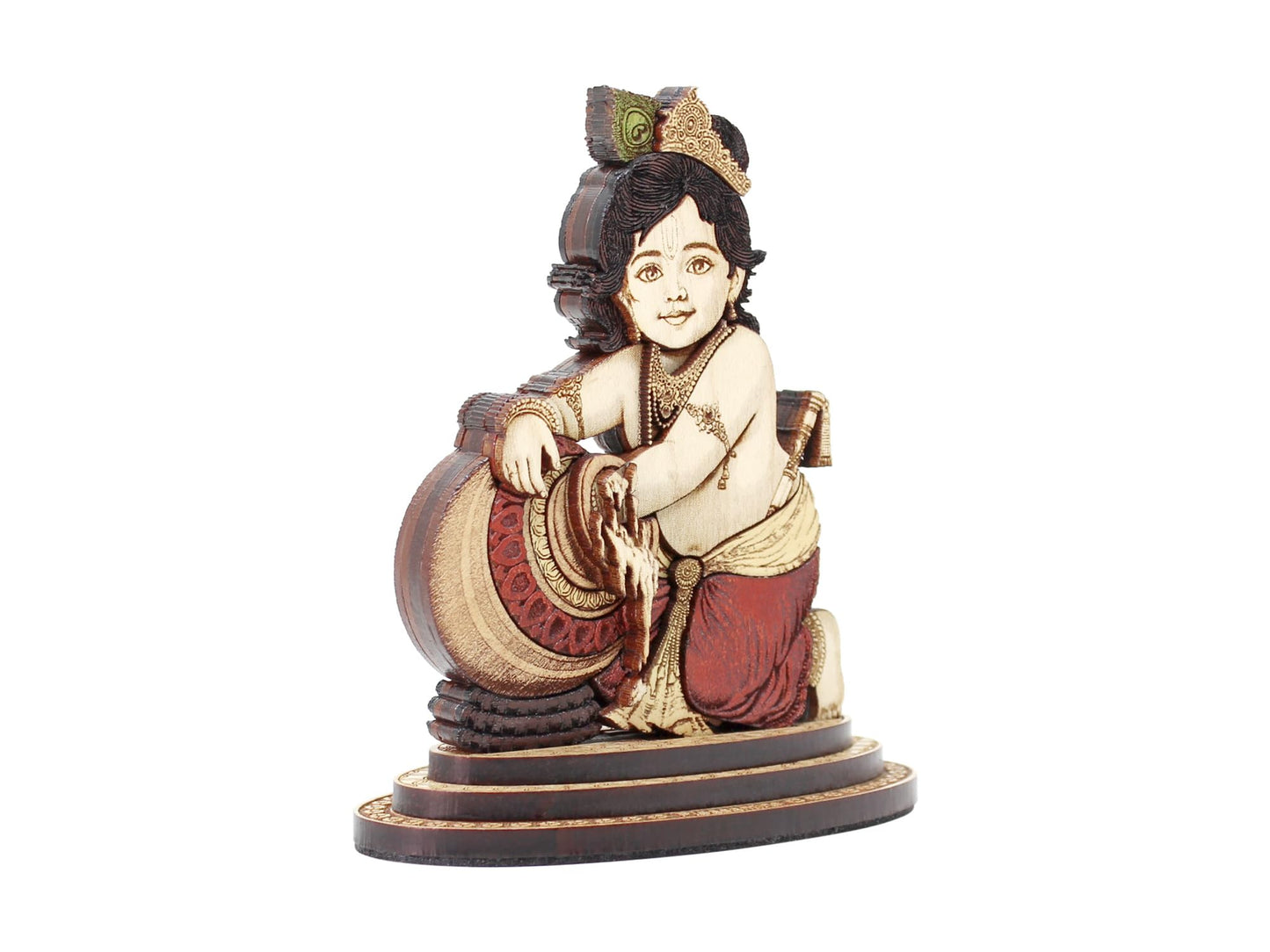 PLEASANTINO - 4 Inch Baby Krishna Makhan Chor Wood Carved Statue in Exotic Hard Woods - Multi Layered Hand Made Wooden Bal Gopal Kahna Idol for Car Dashboard, Home, Office, and Travel