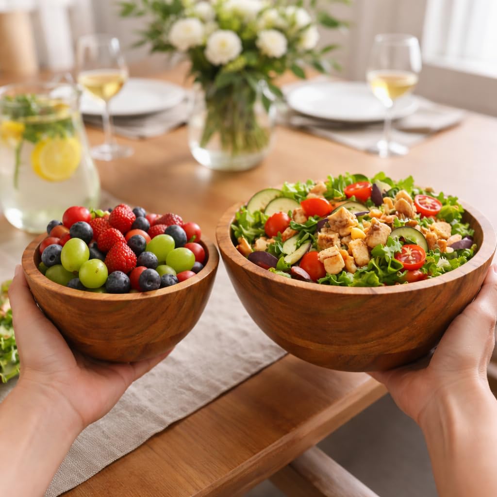 AYANSHITIK Acacia Wood Bowls Set of 2 – Small & Large Wooden Serving Bowls, 100% Natural Solid Acacia, Smooth Finish, Water Resistant, Easy to Clean, Salad Snack Fruit Kitchen Bowls
