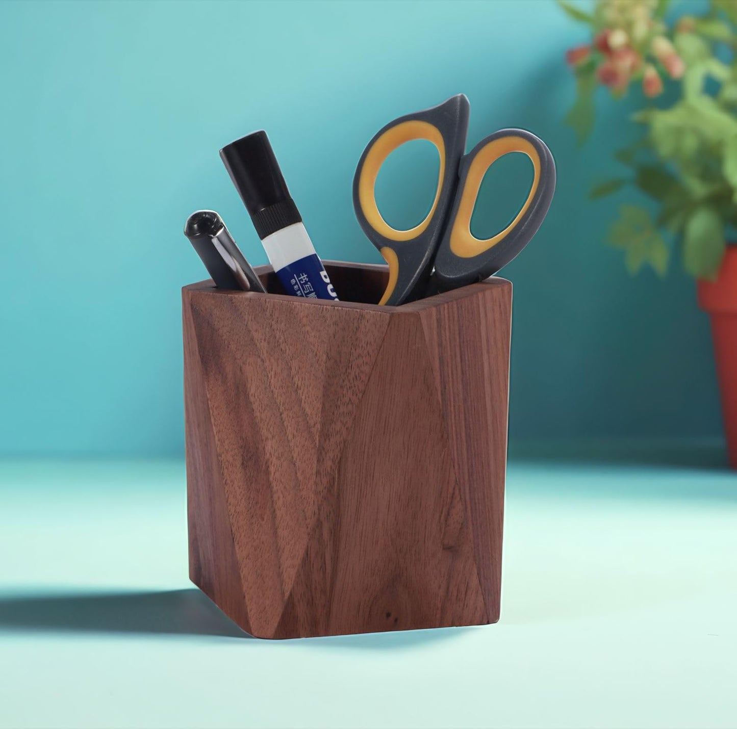 Kuncottz Black Walnut Wood Pen Holder for Desk, Modern Wooden Pencil Cup Organizer for Office Supplies, Luxury Desk Accessories for Home Office Decor