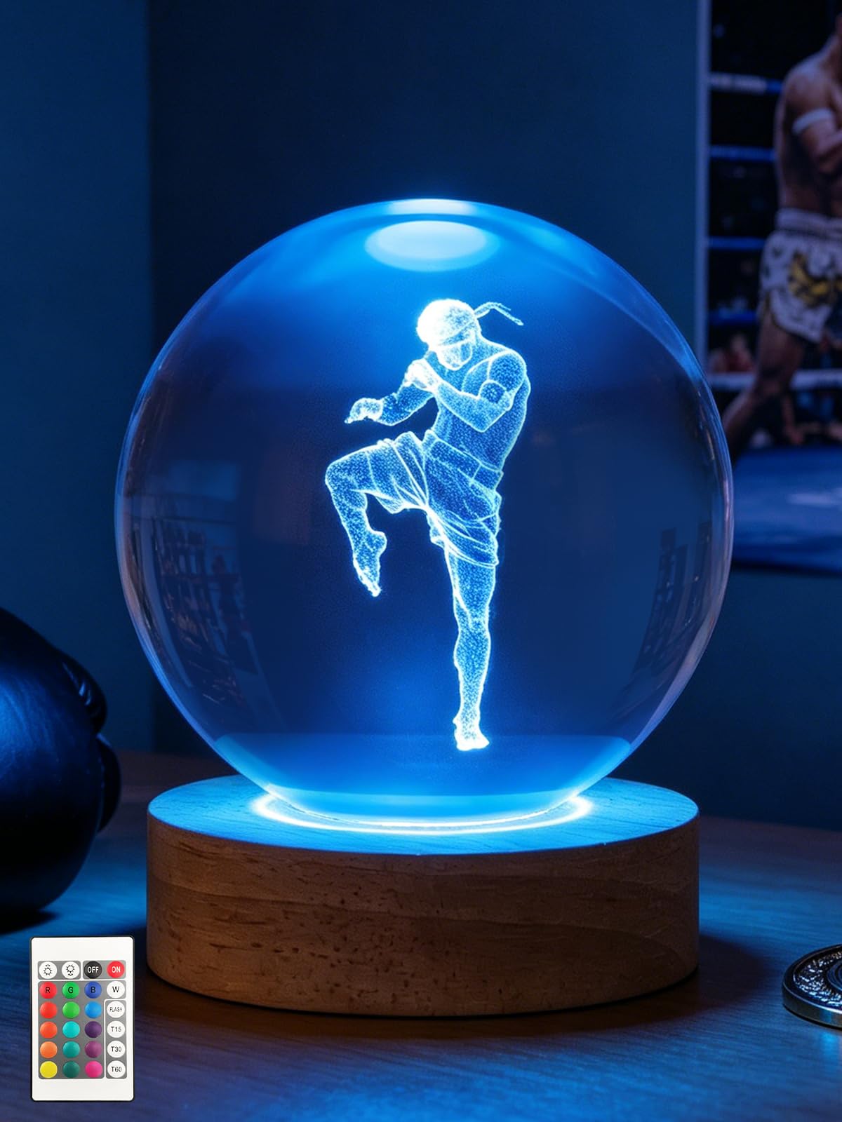 Ammonite Muay Thai Crystal Ball 3D Night Light, 16 Colors Changing with Remote Control Wooden Base, Glass Figurines Statue, Christmas Birthday Gifts for Nak Muay Kids Boys Men