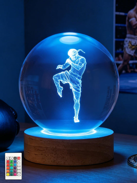 Ammonite Muay Thai Crystal Ball 3D Night Light, 16 Colors Changing with Remote Control Wooden Base, Glass Figurines Statue, Christmas Birthday Gifts for Nak Muay Kids Boys Men