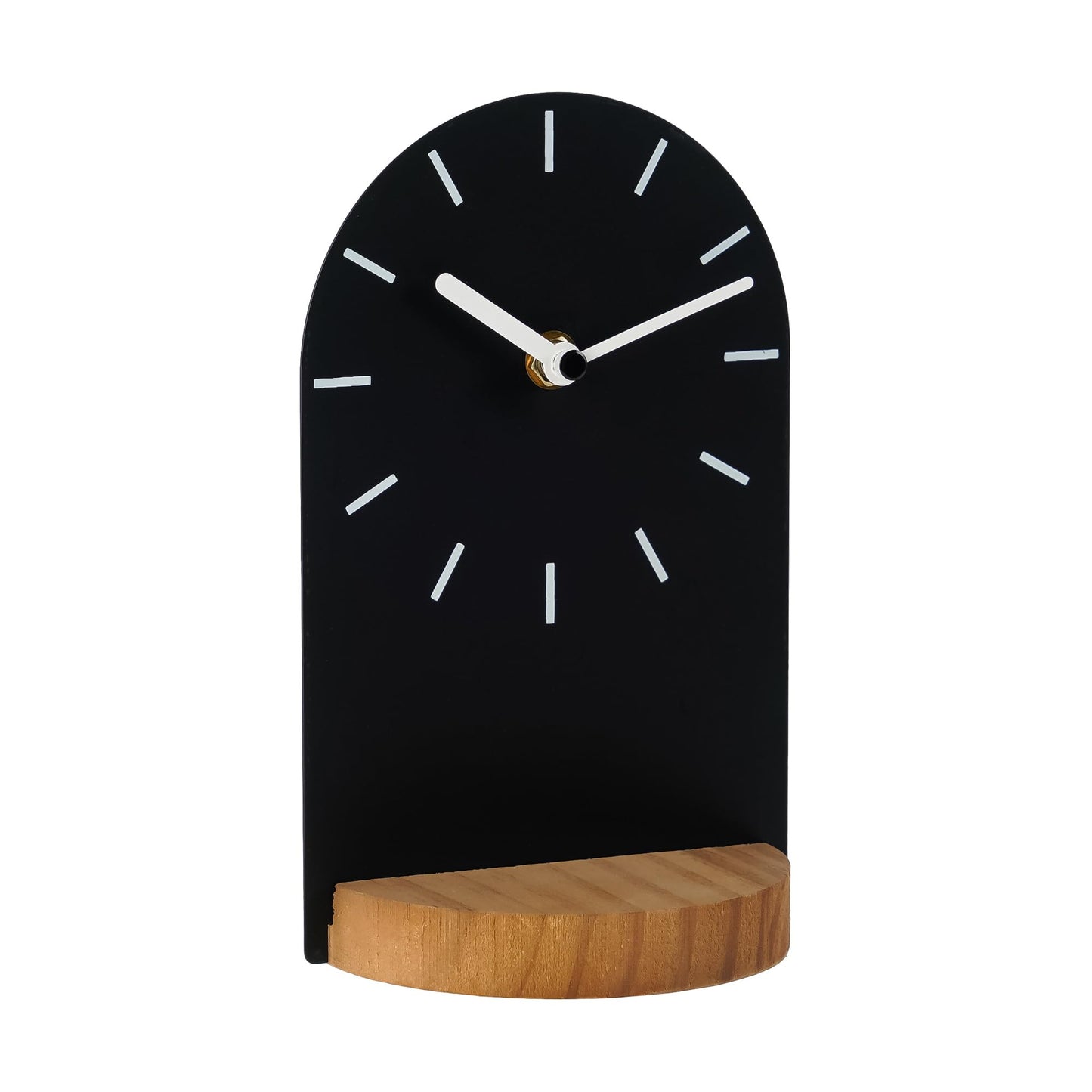 SOFFEE DESIGN One-Piece Table Clock Iron Sheet with Wooden Base Ins Style, Desktop Clock Non Ticking Battery Operated for Living Room Bedroom Home Decor, Black