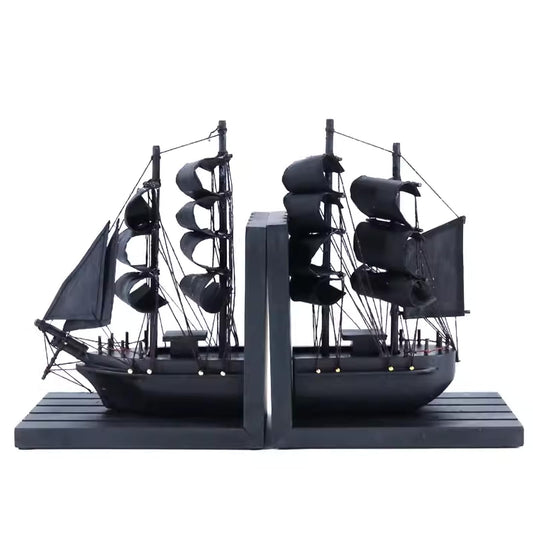 NAUTIMALL Wooden Ship bookends The Black Pearl Pirate 10" Prebuilt Caribbean Coastal Sailboat Decor Nautical Gift for Enthusiasts