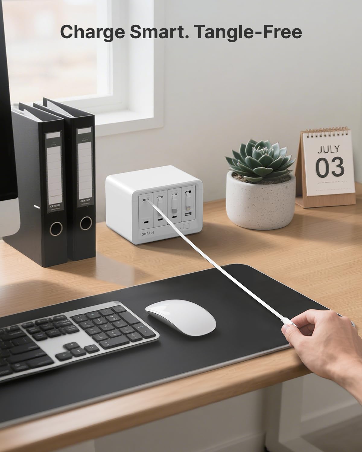 Gitryin 12-in-1 Desktop Charging Station with 3 Retractable Type-C Chargers and 1 Lightning Charger, 160W USB-C Charging Hub with 33.5in Cable, 4 AC, 1 USB A Port, 3 USB C Ports, White