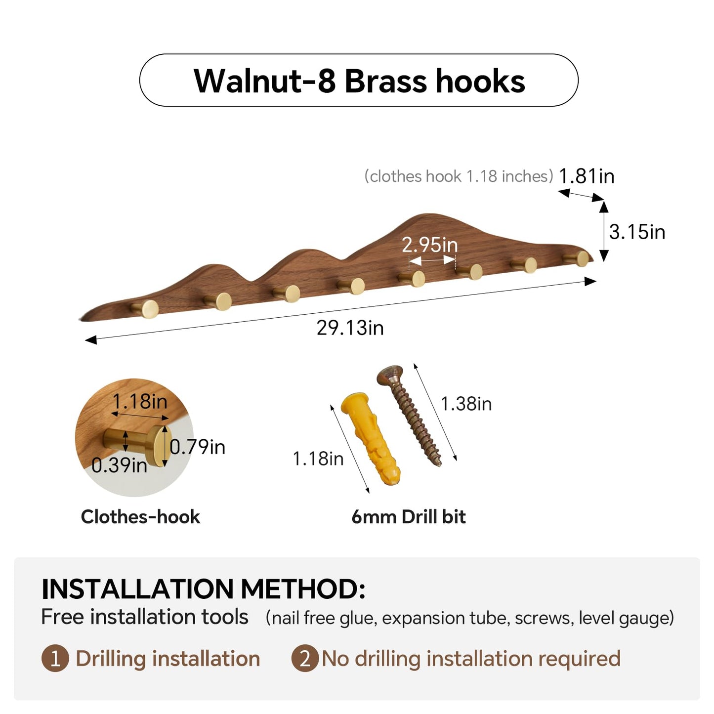 THFLSTR Elegant Wall Coat Rack with Hooks Walnut Wood Solid Coat Hanger Wall Mount with 8 Brass Hooks, Moisture-Resistant Wax Oil Finish for Home (Walnut, 8 Hooks)